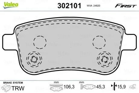 Гальмівні колодки дискові RENAULT Fluence/GrandScenic/Megane/Scenic "1,2-2,0 "R "08>> Valeo 302101