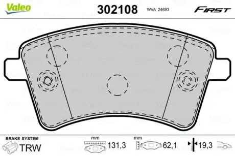 Тормозные колодки дисковые MERCEDES/RENAULT Citan/Kangoo "1,2-1,6 "F "08>> Valeo 302108
