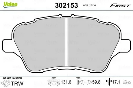 Тормозные колодки дисковые FORD B-Max/Fiesta/TourneoCourier/TransitCourier "1,0-1,6 "F "08>> Valeo 302153