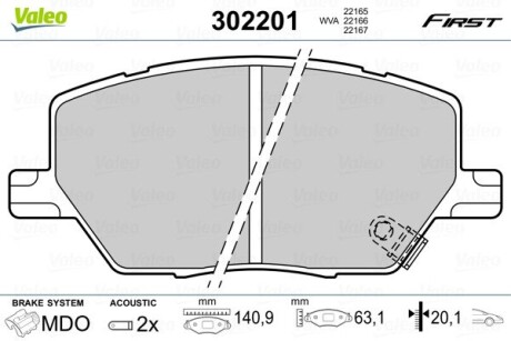 Гальмівні колодки дискові FIAT/JEEP 500X/Compass II/Renegade "1,3-2,0 "F "14>> Valeo 302201 (фото 1)