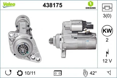 Стартер (12В, 2кВт, новий) AUDI A3, TT SEAT ALTEA, ALTEA XL, CORDOBA, IBIZA III, IBIZA IV, IBIZA IV SC, LEON, TOLEDO III SKODA FABIA I, FABIA I PRAKTIK, FABIA II, OCTAVIA II 1.4-2.0D 10.99- Valeo 438175