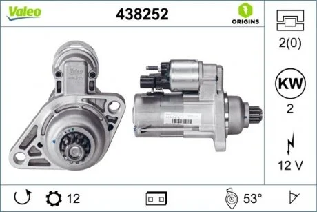 Стартер (12В, 2кВт, новий) AUDI A1, A3, Q2 SEAT ALTEA, ALTEA XL, ATECA, LEON, LEON SC, LEON ST SKODA FABIA II, KAROQ, OCTAVIA II, OCTAVIA III, ROOMSTER, ROOMSTER PRAKTIK VW BEETLE 1.4-2.0D 02.09- Valeo 438252