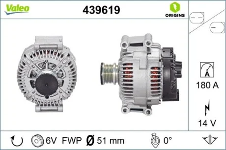 Генератор (14В, 180А, новий) MERCEDES SPRINTER 3,5-T (B906), SPRINTER 3-T (B906), SPRINTER 4,6-T (B906), SPRINTER 4-T (B904), SPRINTER 5-T (B906), VIANO (W639), VITO / MIXTO (W639) 2.0D-3.5 04.00- Valeo 439619