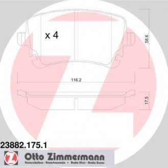 Гальмівні задні колодки з датчиком Audi A4, A6 2.0 ZIMMERMANN 238821751 (фото 1)